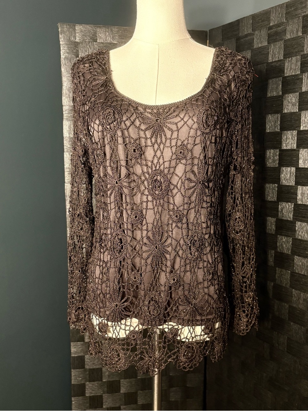 Y2K Theme Brown Open Knit Crochet Top Fairycore Grunge Mesh Sheer Blouse